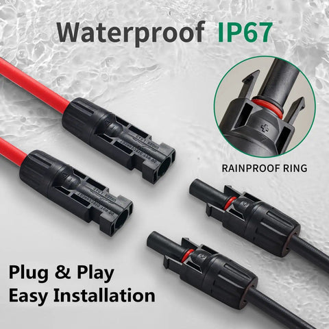 Y Branch Solar Connector Parallel Adapter with 10 AWG Cable, IP67, black and red leads, rainproof ring for solar panels.