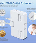 Three Way Flat Wall Outlet Extender With Swivel Two Prong Indoor Plug Tap Space Saving Outlet Splitter With Easy Install For Home And Travel Type A White Pack Of Three showing 3-in-1 features, safety protection gate, and 180° swivel.