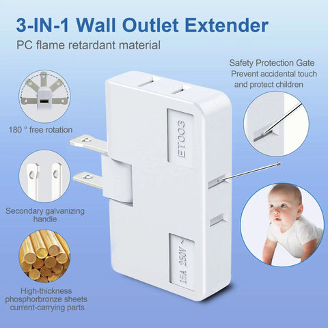 Three Way Flat Wall Outlet Extender With Swivel Two Prong Indoor Plug Tap Space Saving Outlet Splitter With Easy Install For Home And Travel Type A White Pack Of Three showing 3-in-1 features, safety protection gate, and 180° swivel.