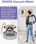 Close-up of Beefy Replacement Vacuum Motor For Super Coach Pro 10 And Pro 6 with person vacuuming, 834036 model.
