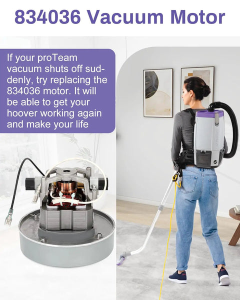Close-up of Beefy Replacement Vacuum Motor For Super Coach Pro 10 And Pro 6 with person vacuuming, 834036 model.