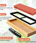 Beast Whetstone Knife Sharpener Kit With 3000 And 8000 Grit Water Stone showing components including bamboo base and angle guide.