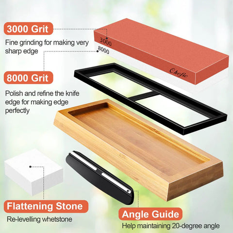 Beast Whetstone Knife Sharpener Kit With 3000 And 8000 Grit Water Stone showing components including bamboo base and angle guide.