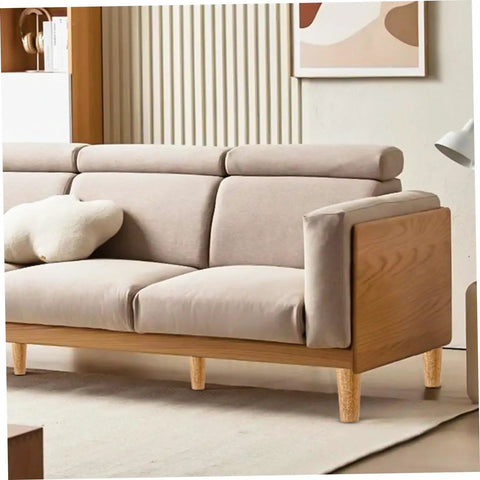 Beige sofa with 4 Piece Beefy Heavy Duty Load Bearing Round Cylinder Wooden Cabinet Legs Set for added support