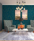 Living room with Blue Gold Peel and Stick Wallpaper Geometric Stripe Pattern Removable Self Adhesive Vinyl for Walls, decor accent.