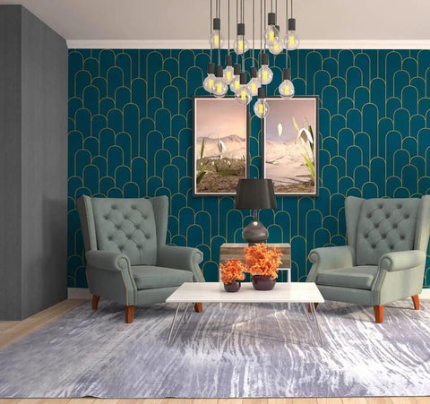 Living room with Blue Gold Peel and Stick Wallpaper Geometric Stripe Pattern Removable Self Adhesive Vinyl for Walls, decor accent.