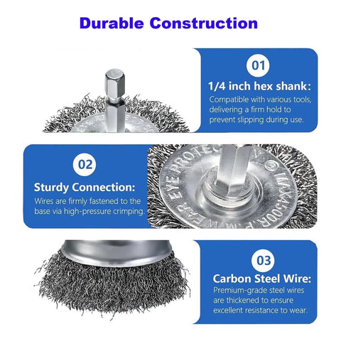 15 Piece Wire Brush Set for Drill Attachments with 1/4 inch hex shank, showcasing durable carbon steel construction and design highlights.
