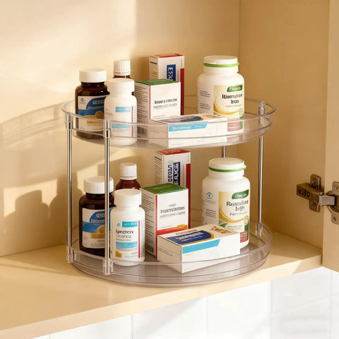 Two Pack Two Tier Clear Acrylic Lazy Susan Turntable Organizer with medicine bottles in cabinet, smooth rotating design.