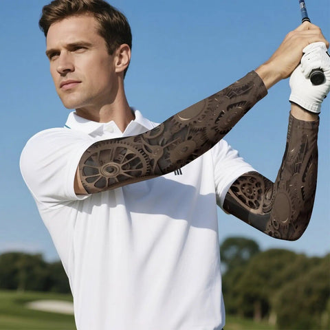 Kick Butt In The Dog Days Of Summer With Steampunk Mechanical Gear Ice Silk Arm Sleeves, 45 cm long, worn during golf.