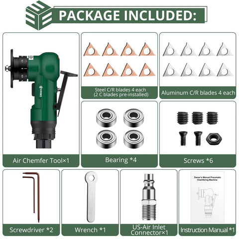 EYPINS mini pneumatic chamfering tool with 16 C/R blades (steel and aluminum) and accessory kit