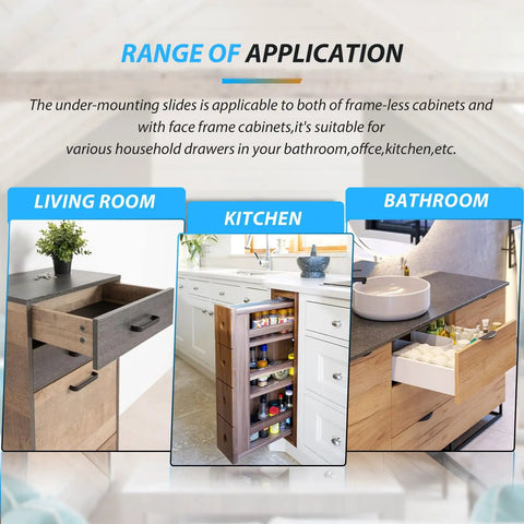 Image showing Undermount Soft Close Drawer Slides in living room, kitchen, and bathroom applications.