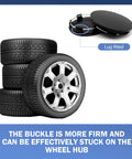 Quartet Of Sleek Black Wheel Center Caps Crafted From Hella Durable Abs, positioned beside four tires showing lug fitment.