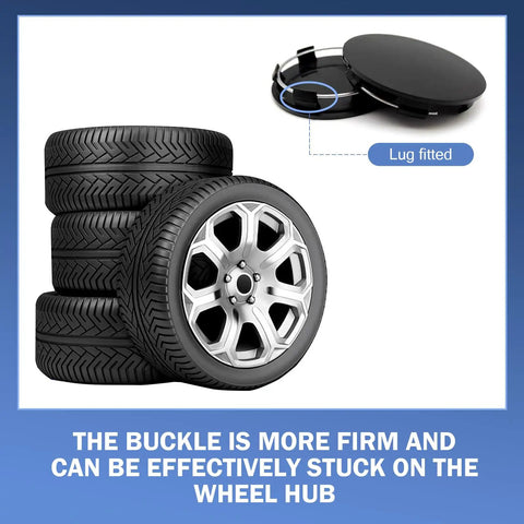 Quartet Of Sleek Black Wheel Center Caps Crafted From Hella Durable Abs, positioned beside four tires showing lug fitment.