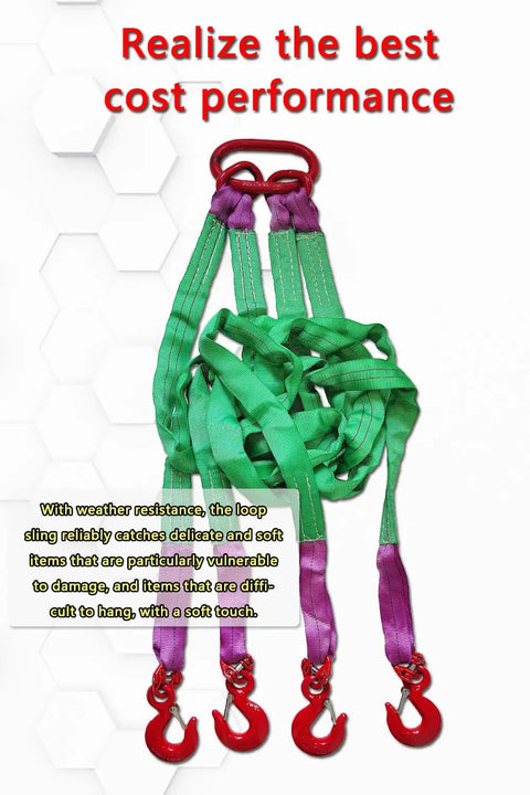 Four Leg Web Sling Belt Type With Hook 6.5Ft 6610Lb Working Load Limit Polyester Lifting Sling Lightweight And Flexible For Safe Rigging 2.0 M 3000 Kg Heavy Duty Lifting Gear displayed vertically with red hooks.