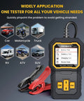 Top Shelf Plug And Play Car Battery Tester For 12V And 24V Vehicles displays various vehicle types and testing features on a screen.