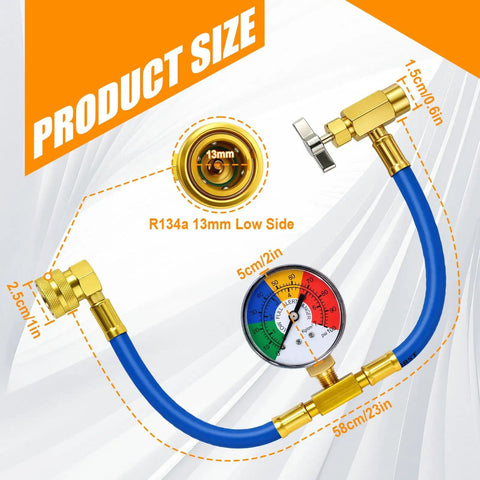R134A Car AC Refrigerant Charge Hose Kit With Gauge And Built In Safety Valve, Piercing Type Can Tap Only, Half Inch Thread, Pro Grade AC Recharge Measuring Tool For R134A Systems And Pressure Check