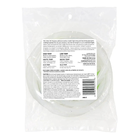 Back packaging of Full Size Clear Hot Glue Stick Roll, 5 Feet Long and 0.43 Inch Diameter, with product information text visible.