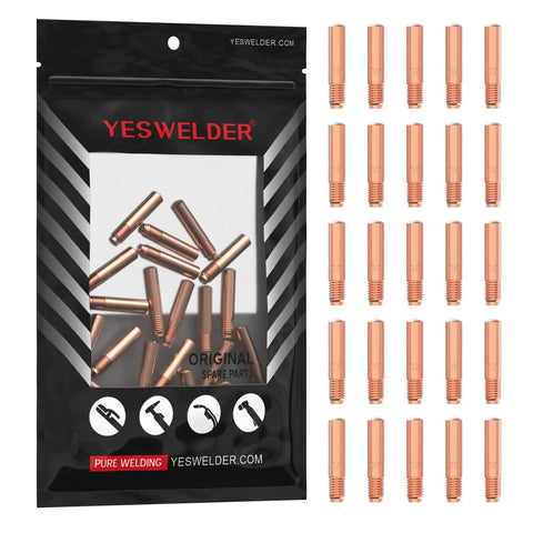 Premium 25-Pack 000-068 0.035 Inch MIG Welding Contact Tips in a clear package with copper tips for welding setups.