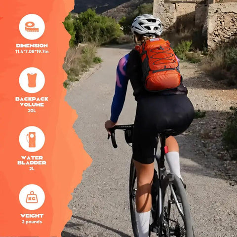 Cyclist wearing Dope Lightweight Hydration Hiking Backpack with 2L Water Bladder, 20L Daypack on a road.