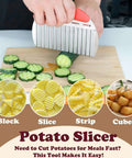 Front view: FATUXZ large potato crinkle cutter with red handle slicing cucumber on a board; stainless steel blade.