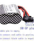Close-up view of 2 Pack 7.4V 1200mAh LiIon Rechargeable Battery With SM5P Plug And USB Cable For TX123 RC Boat R208 Replacement BeefedUp Power Pack With High Capacity For Long Life And All Day Run Time showing SM-5P plug and cable connections.