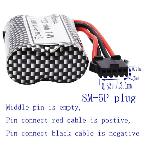 Close-up view of 2 Pack 7.4V 1200mAh LiIon Rechargeable Battery With SM5P Plug And USB Cable For TX123 RC Boat R208 Replacement BeefedUp Power Pack With High Capacity For Long Life And All Day Run Time showing SM-5P plug and cable connections.