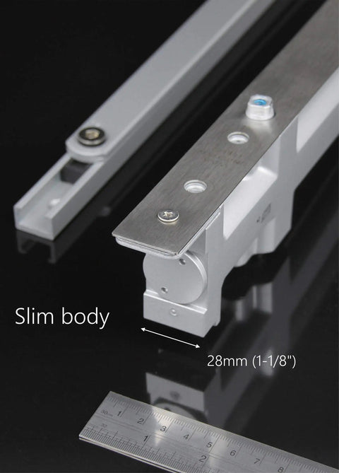 Concealed Door Closer For Heavy Duty Doors Up To 88lbs Non Handed Sleek Low Profile Hidden Hardware With Dual Speed Control shown with ruler