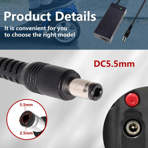 Close-up of the 54.6V 1.5A UL Certified Electric Scooter And E Bike Charger with DC 5.5x2.5mm plug for 48V batteries