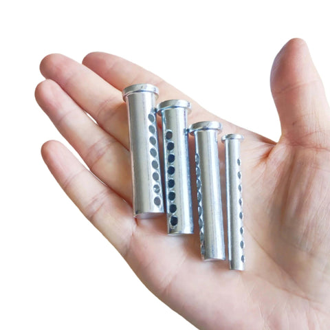 Hand holding Beefy Adjustable Porous Clevis Pin Kit With Spring Steel 8 Hole Pin And R Clip For Farm And Automotive Fasteners