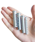 Hand holding Beefy Go To Heavy Duty Adjustable Clevis Pin With Eight Hole Design And R Clip Lock Kit, 0.5 inch diameter pins.