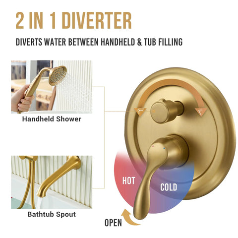 2-in-1 diverter showing functionality of Dope Matte Black Finish With Modern Sleek Wall Mounted Tub Filler Faucet And Hand Shower.