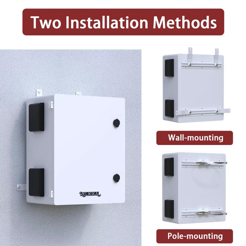Beefy Vented Steel Electrical Enclosure Loaded With 12V Fan Thermostat Cooling Kit Nema 4X IP65, shown with wall and pole mounting options.