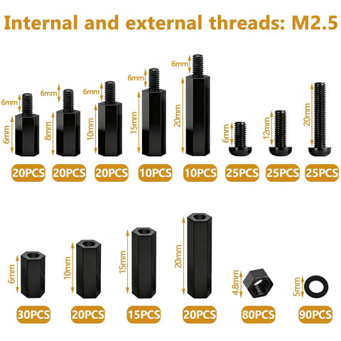 410Piece M2.5 Nylon Motherboard Standoffs Kit With Male And Female Hex Spacers, Screws And Nuts For Circuit Boards And PCBs, Durable, Corrosion Resistant, Non Toxic Hardware Set For Reliable Builds showing assorted M2.5 standoff sizes