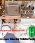 Copper Pipe Reamer And Deburring Tool For PVC And Copper Pipes with a plumber working under a sink, showcasing comfy grip tool.