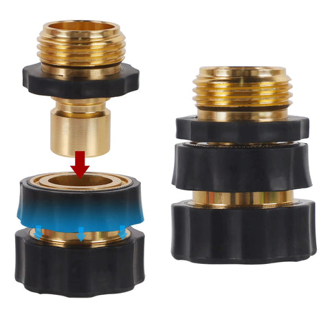 Three Quarter Inch Garden Hose Quick Connectors Kit, Aluminum Male And Female Quick Connect Fittings, front and side view