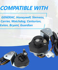 Two black stepper motor assemblies with metal mounting brackets and multi-wire harnesses on a blue background