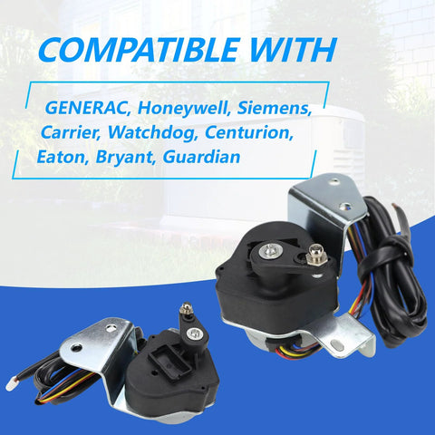 Two black stepper motor assemblies with metal mounting brackets and multi-wire harnesses on a blue background