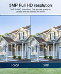 Comparison of 3MP and 1080P resolution on a 2K 3MP Outdoor WiFi Floodlight Security Camera With PTZ, showing a clear house image.