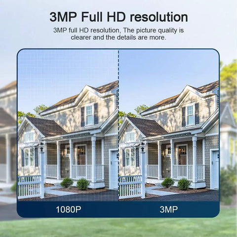 Comparison of 3MP and 1080P resolution on a 2K 3MP Outdoor WiFi Floodlight Security Camera With PTZ, showing a clear house image.