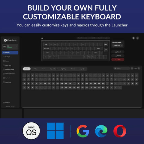 Customizable keyboard setup interface showing layouts for Mac and Windows with key mapping options.