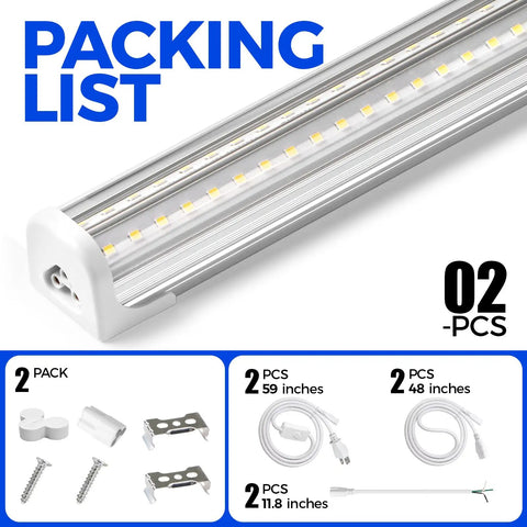 T8 LED Shop Lights For Garage And Workshop 4 Ft 50W 7000 Lumens 5000K Daylight White Clear Cover Ceiling Mounted V Shape Fixture Bright As Day Great For Basement And Warehouse ETL Listed 2 Pack with installation accessories