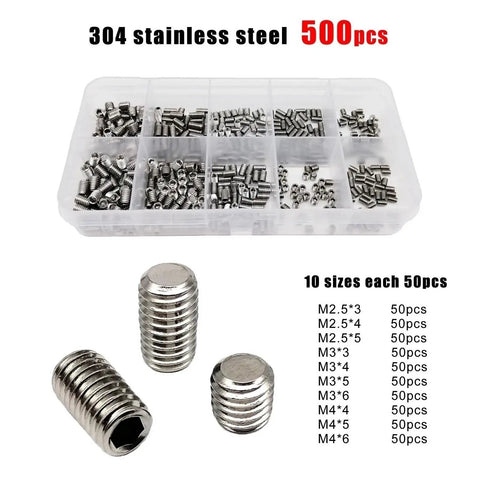 1000-Piece Set Of M2 M2.5 M3 M4 DIN913 Black Oxide Hex Socket Grub Screws 304 Stainless Steel Flat Point Allen Set Screws Includes Two 500-Piece Stainless Packs For Heavy Duty Fixes package