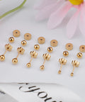Titanium Flower Screw Back Ball Earrings For Sensitive Skin, Hypoallergenic 20g Gold Tone Ball Studs For Women, Cartilage Piercing 2 To 4mm, 3mm Diameter, All Day Comfort With Cute Shine gold-tone set on white background