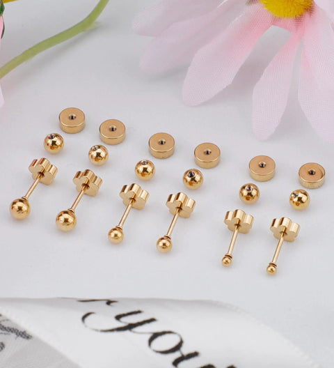 Titanium Flower Screw Back Ball Earrings For Sensitive Skin, Hypoallergenic 20g Gold Tone Ball Studs For Women, Cartilage Piercing 2 To 4mm, 3mm Diameter, All Day Comfort With Cute Shine gold-tone set on white background