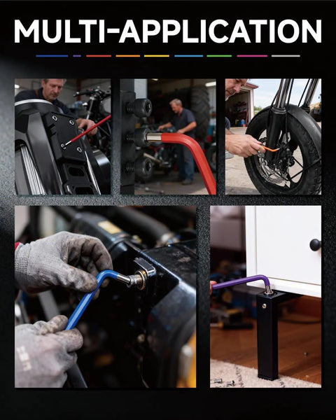 Using Extra Long Torx Hex Key Set T10 T50 With Color Coded Ball End on motorcycle, bike, car, and furniture applications