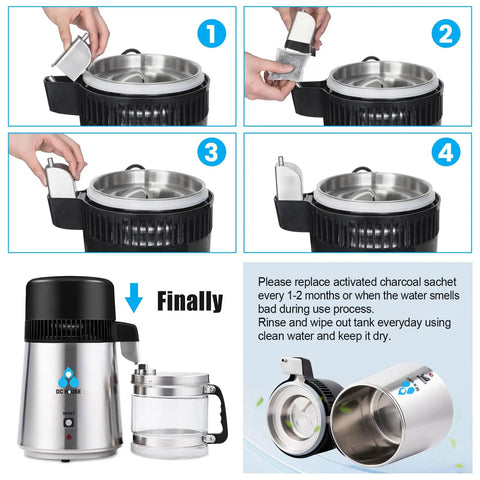 Heavy Duty Stainless Steel Water Distiller For Home Countertop setup process showing how to insert charcoal sachet and components