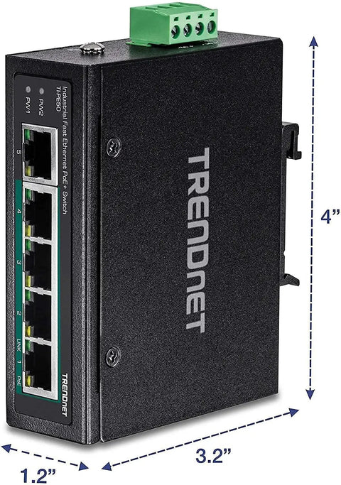 5 Port Industrial Unmanaged Fast Ethernet PoE Plus DIN Rail Switch TI PE50 with 200W Power Budget IP50 Rated NDAA TAA Compliant