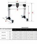 Portable Adjustable Aluminum Gantry Crane with 2 Ton Chain Hoist dimensions and load capacity chart with specifications.