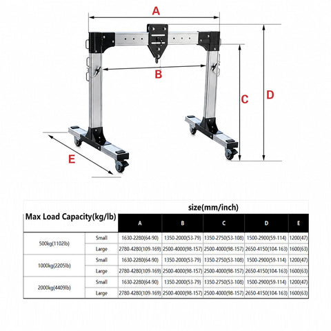 Portable Adjustable Aluminum Gantry Crane with 2 Ton Chain Hoist dimensions and load capacity chart with specifications.