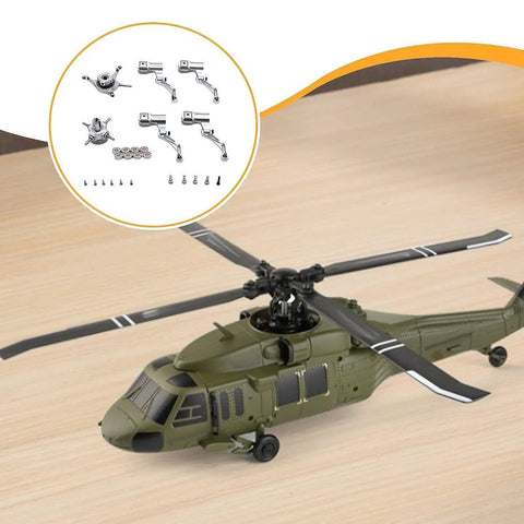 Green RC helicopter with rotor components, shown with RC Helicopter Cross Plate Set Aluminum With Bearings For K124 And K170